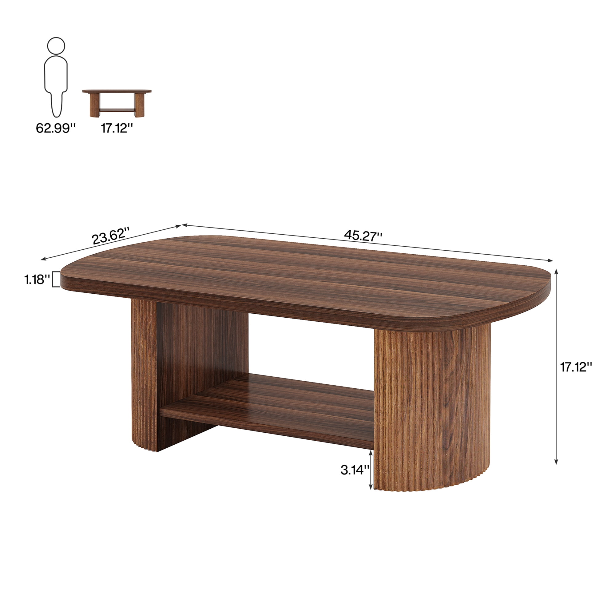 MAYEETY 45 Inch Modern Oval 2-Tier Coffee Table Fluted Base Storage Living Room Table
