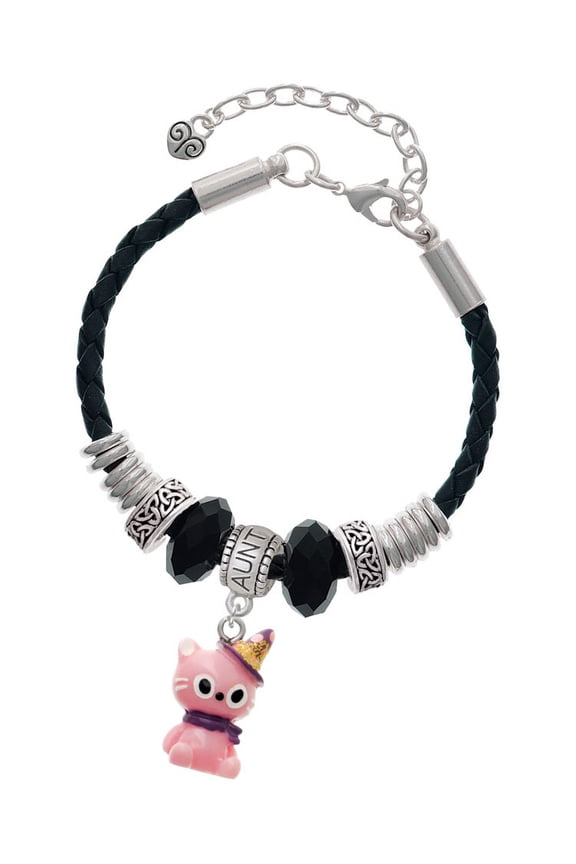 Resin Pink Birthday Kitty Cat Aunt Celtic Knot Leather Bead Bracelet, 7"+2" Extender