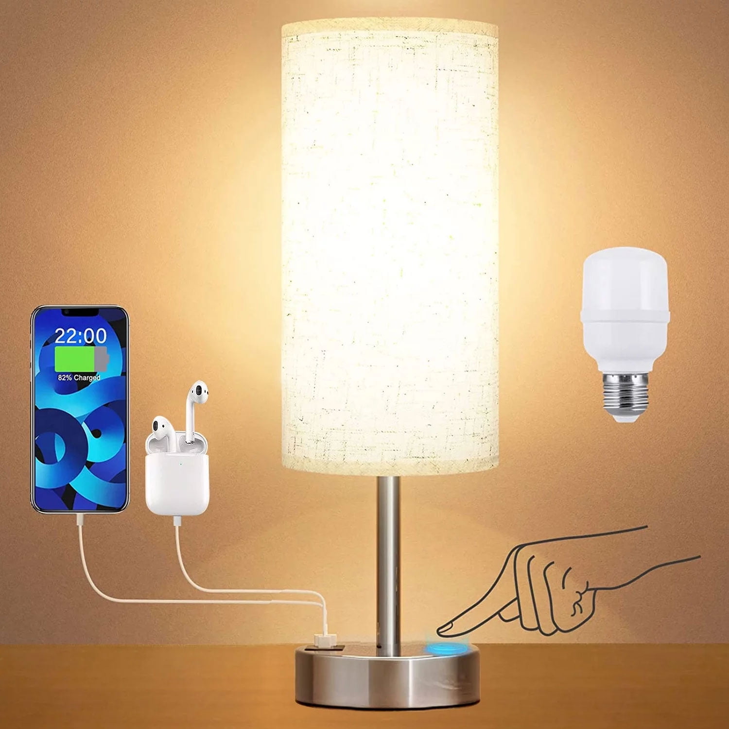 HadinEEon 15.4" Table Lamp, 3 Way Dimmable Light Touch Lamp, USB C&A Fast Charging Ports, Fabric Shade Silver Base, for Bedroom, Living Room, Office