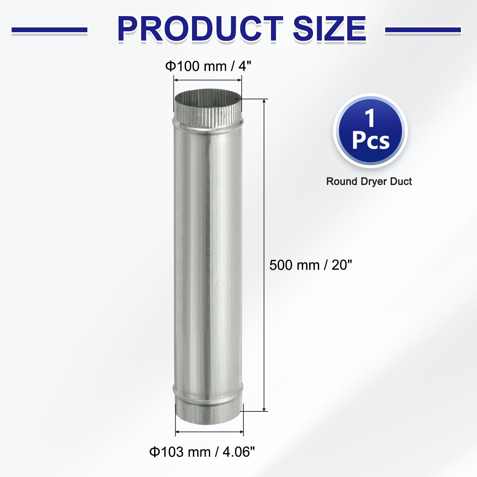 Uxcell 4 x 20 Inch Round Dryer Duct, 1PCS Galvanized Steel Crimped Straight Air Vent Duct Extension Coupler Pipe Adapter Connector for HVAC Dryer Hood Ventilation Chimney, Silver