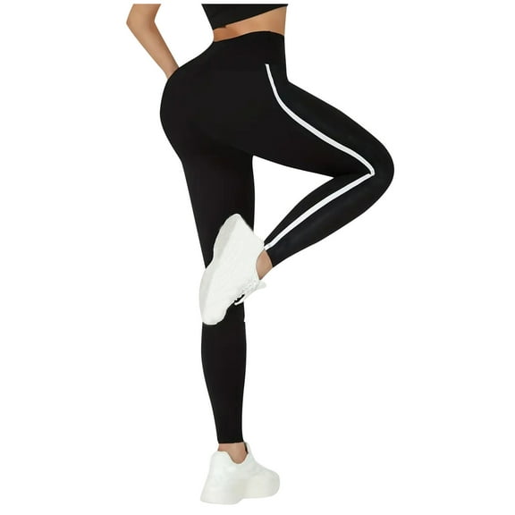 Ndbuld Leggings with Pockets for Women Striped High Waist Yoga Pants Women Workout Leggings for Women Fitness Sports Running Yoga Athletic Pants Black XL