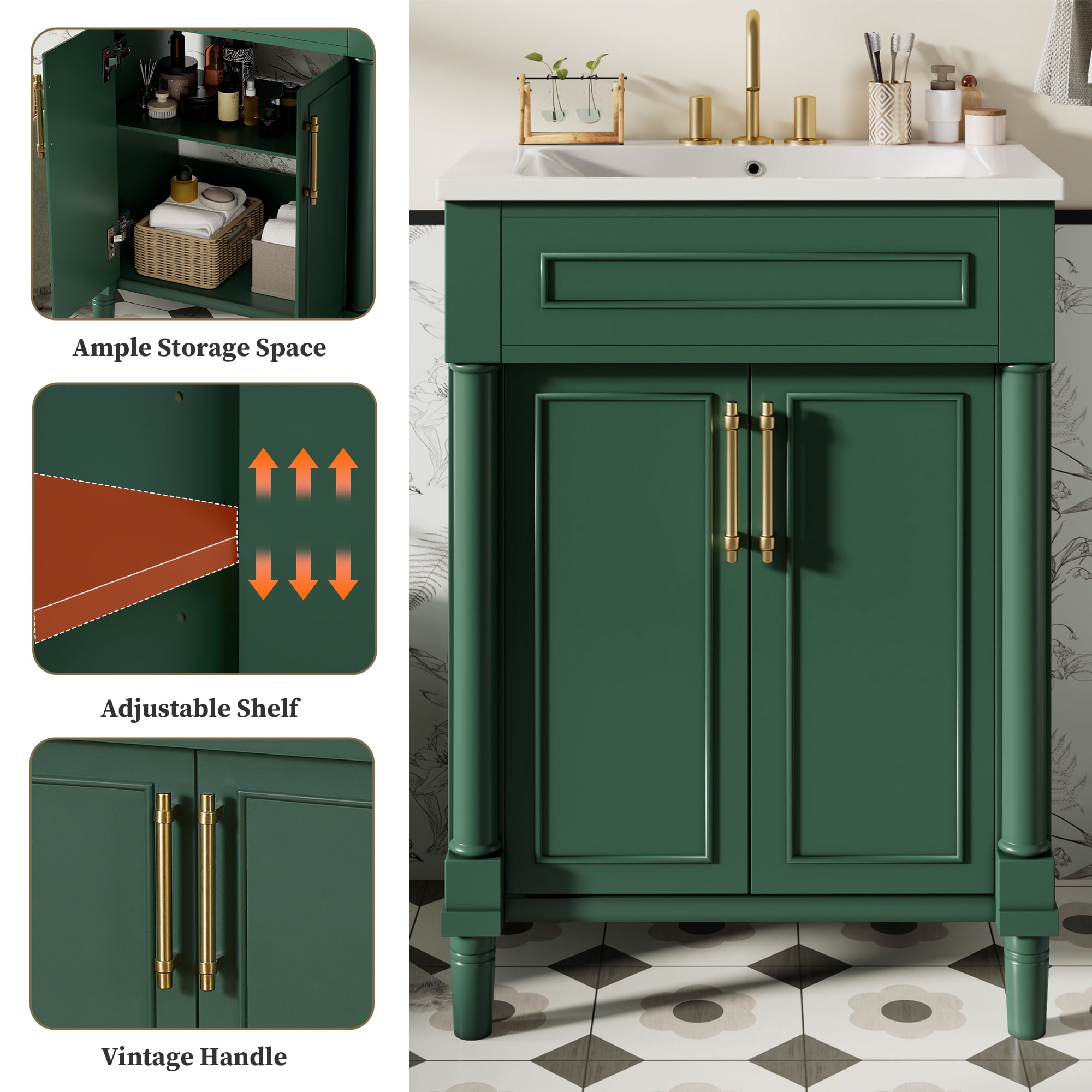Harper & Bright Designs 24" Small Bathroom Vanity with Sink, Bathroom storage Cabinet with Doors and Shelf, Green