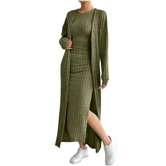 GNFQXSS Women's Long Sleeve Ribbed Knit Midi Dress with Matching Cardigan Set Side Slit Casual Cozy Dress for Daily & Dating Army Green L