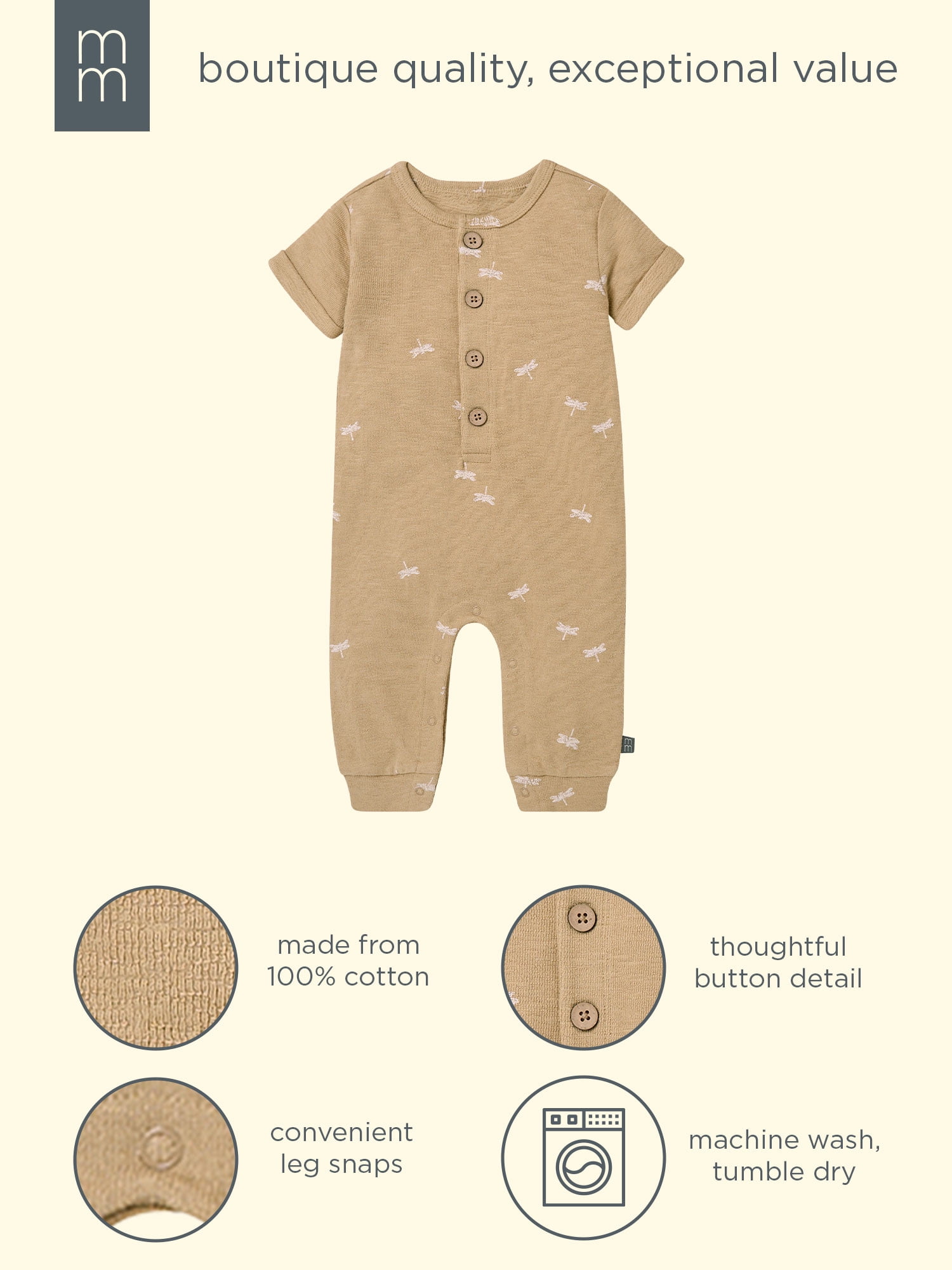 Modern Moments by Gerber Baby Boy Short Sleeve Henley Romper, Sizes 0/3 Months - 24 Months