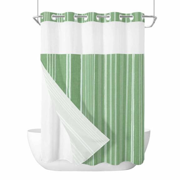 No Hook Shower Curtain and Liner Set, Green Striped Washable Fabric Shower Curtains for Bathroom, Bathtub, Farmhouse Stripes Modern Vintage Waterproof Bathroom Curtains 48W x 72H