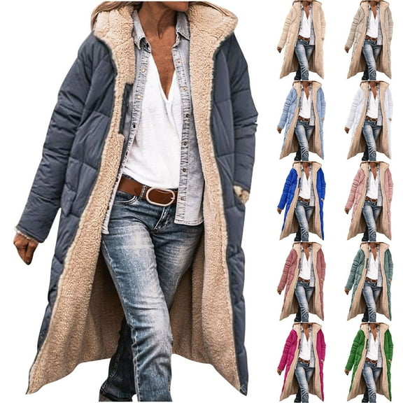 Eryao Women's Oversized Long Coat Plush Lining Reversible Zipper Puffer Jackets Long Sleeve Hooded Down Outerwear with Pocket 2024 Fall Winter Warm Clothes,Beige,S