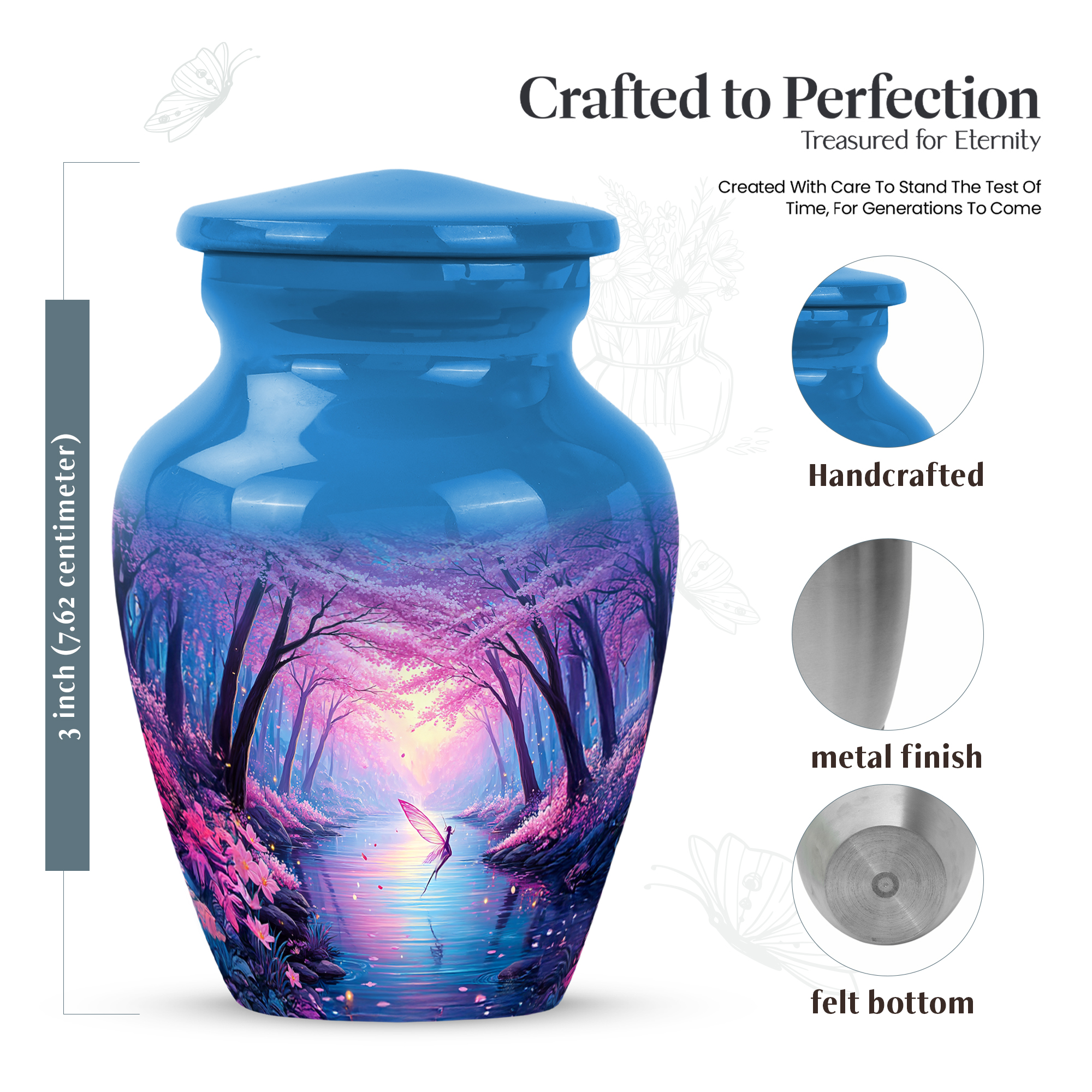 MUKTIVE Cherry Blossom Funeral Urns for Adult Male, Pink Butterfly Memorial Urn for Ashes for Women, Decorative Blue Cremation Urn, Burial Urns for Father Ashes, 3 Inch