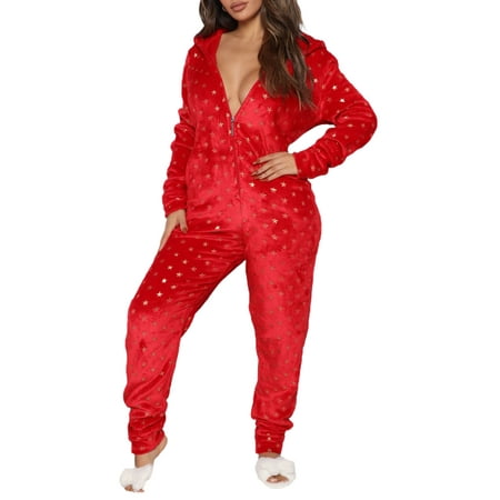 

Women s Christmas Fleece Onesie Pajamas Long Sleeves Zip Up Hooded Holiday Jumpsuit Romper Sleepwear Loungewear