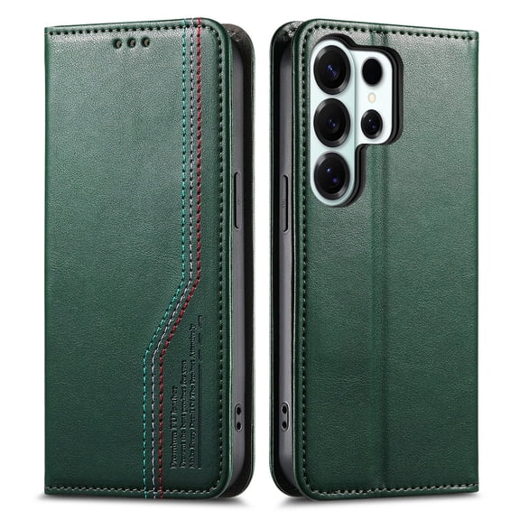 For Samsung Galaxy S25 Edge Phone Case,Three-color Thread Design,Anti-Scratch PU Leather Flip Folding Kickstand,With Card Slots,Folio Magnetic Closure,Shockproof Drop protection Phone Case,Green