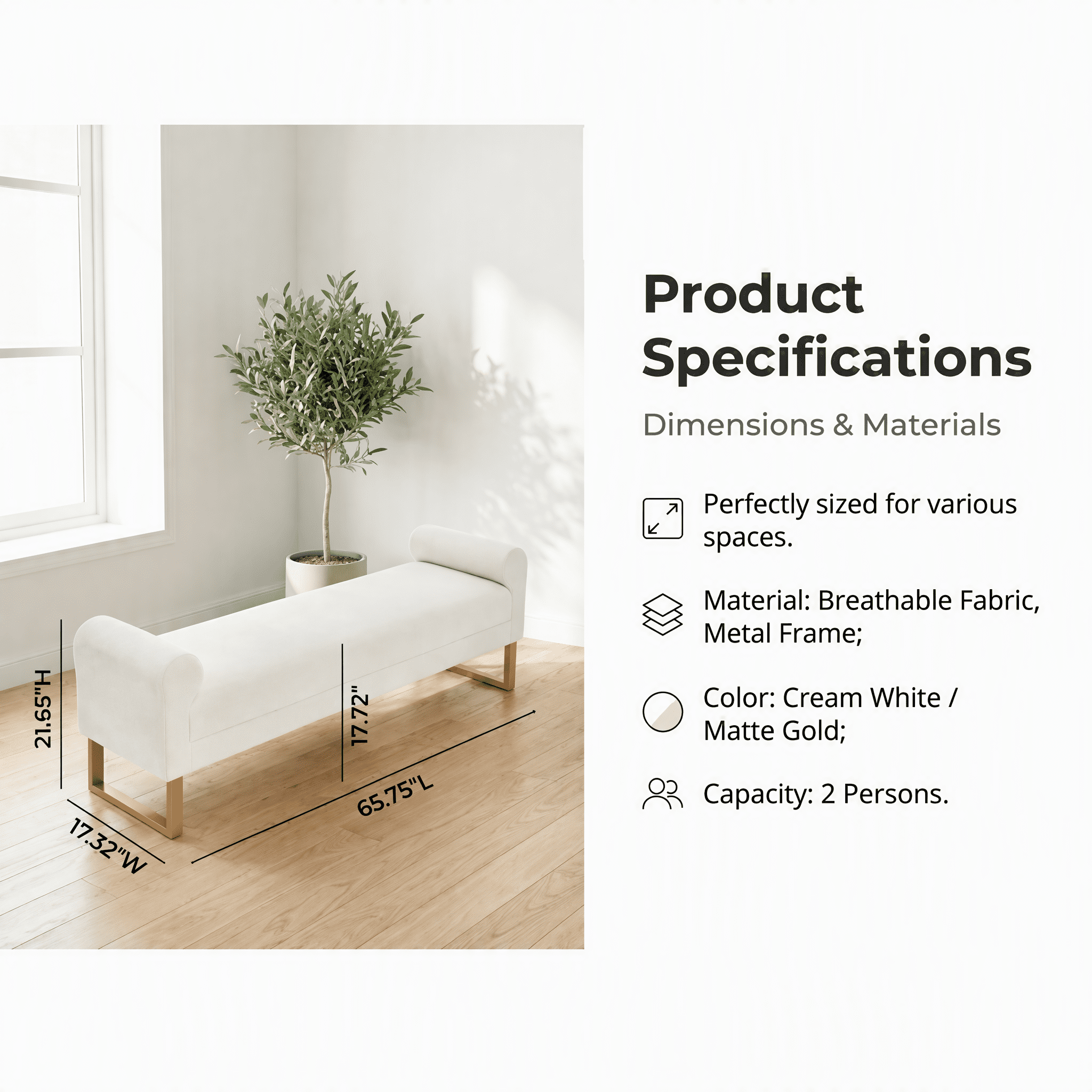 65" Ottoman Bench, Chenille Bench for Bedroom, End of Bed Bench Upholstered and Gold Legs, Bedroom Benches with Arms for Living Room Window and Entryway