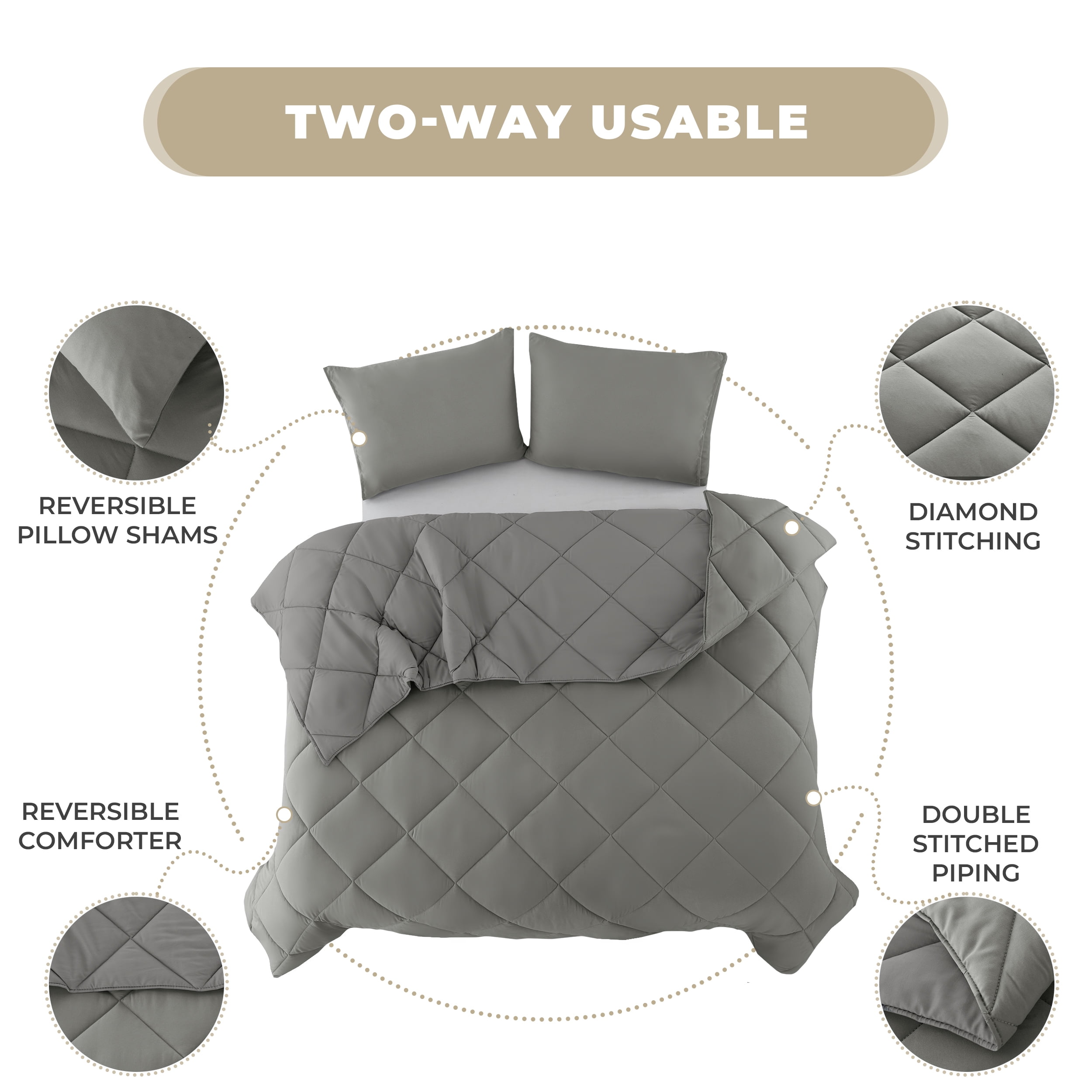 Lux Decor All-Season Comforter Sets King Size 3 PC, Reversible Bedding Set with Diamond Quilted Design Comforter and 2 Pillow Shams, Lightweight & Cozy Set de Cama Gray/Dark Gray