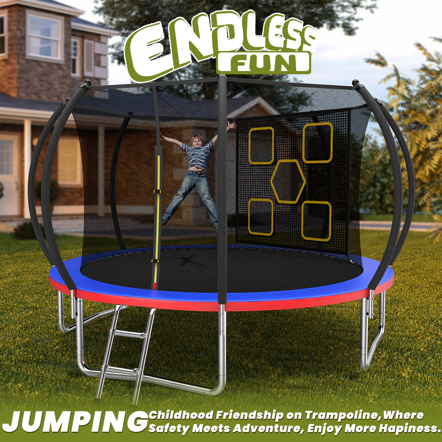 Mersco 12FT/14FT Trampoline for Kids with Mulifunctional Target Cloth,Outdoor Recreational Trampolines with Enclosure Net and Ladder,Jumping Trampoline SPACE for Birthday Gifts,Multicolor