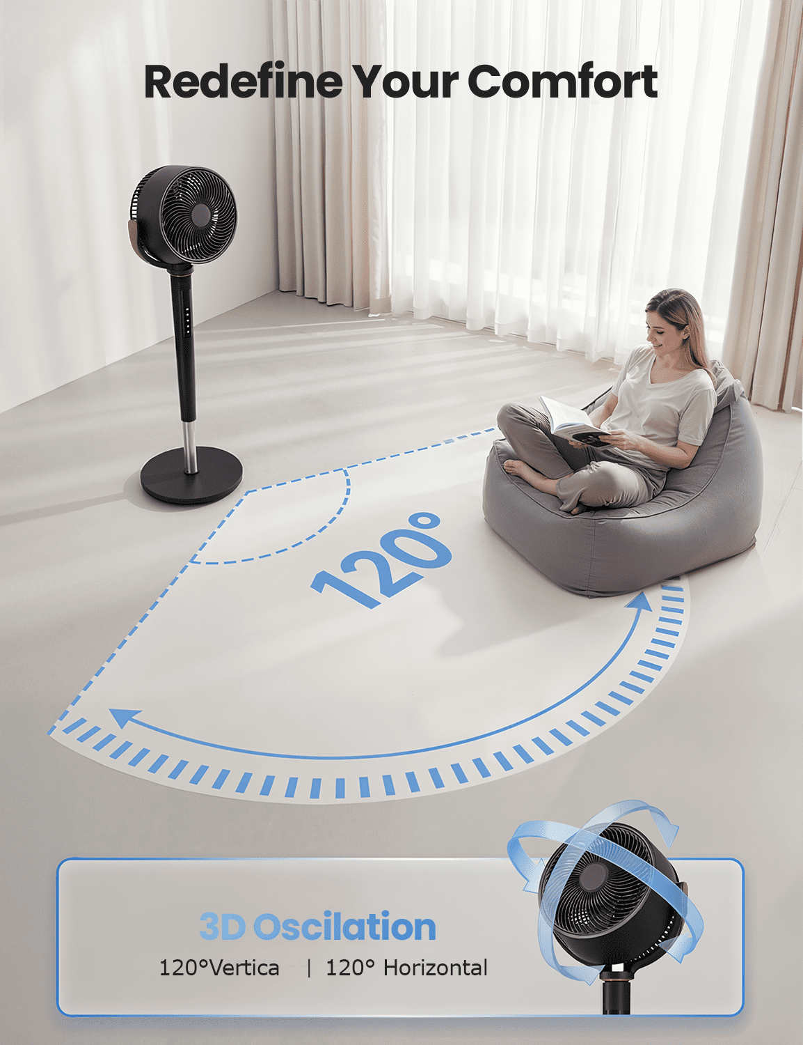 Nepsam Pedestal Fan with Remote, Night Light, 16 Speeds DC Motor, 4 Wind Modes, 120° Oscillation, 1-12H Timer, Adjustable Height, Black