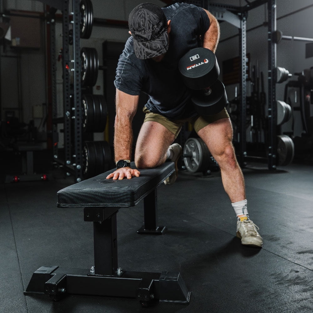 Titan Fitness Elite Series Single Post Flat Bench, 2.5" Thick HeftyGrip Vinyl Pad, Rated 1,000 LB, Dedicated Home Gym Competition Weightlifting & Strength Training Utility Bench