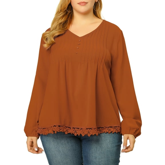 MODA NOVA Juniors' Plus Size Blouse Pleated V Neck Lace Solid Tops Orange 1X