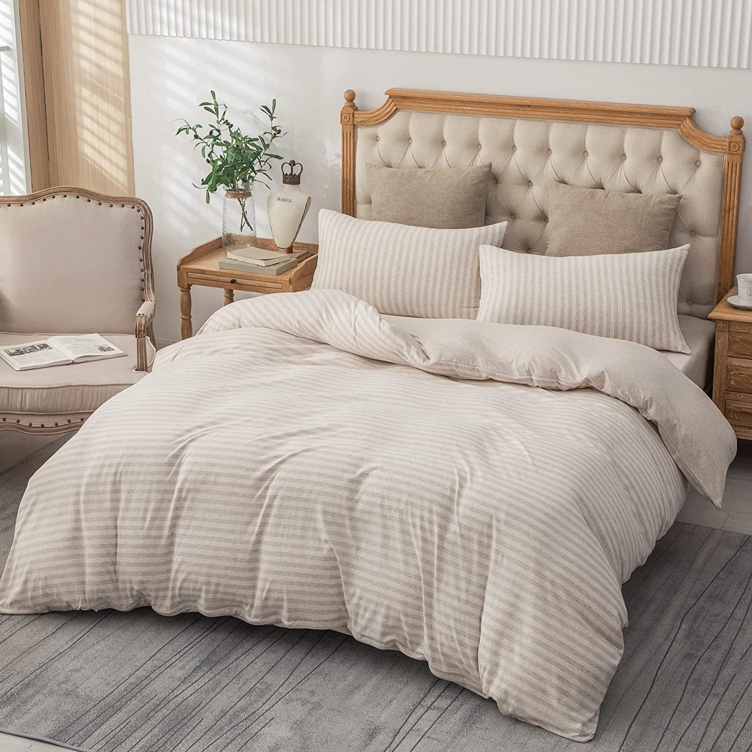 PURE ERA 100% Ultra Soft Jersey Knit Duvet Cover 3Piece Set BreathableT-Shirt Cotton Beige Stripe Full Size