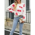 thumbnail image 3 of FEORJGP Women's Valentine’s Day Sweater Cartoon Lip Print Knitwear Jumper Long Sleeve Sweatshirt Round Neck Pullover Warm Knitted Chunky Cable Tops Loose Casual Spring Fall Clothes, 3 of 9