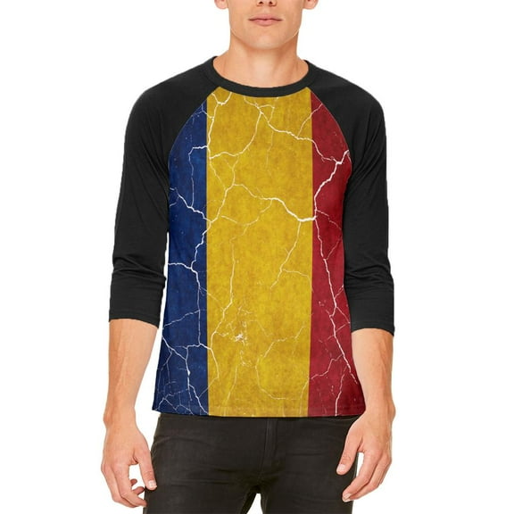 Distressed Romanian Flag Mens Raglan T Shirt White-Black X-LG
