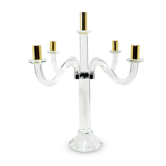 HomeRoots 590251 20 in. Clear Silver & Gold Crystal Tabletop Candelabra Candle Holder