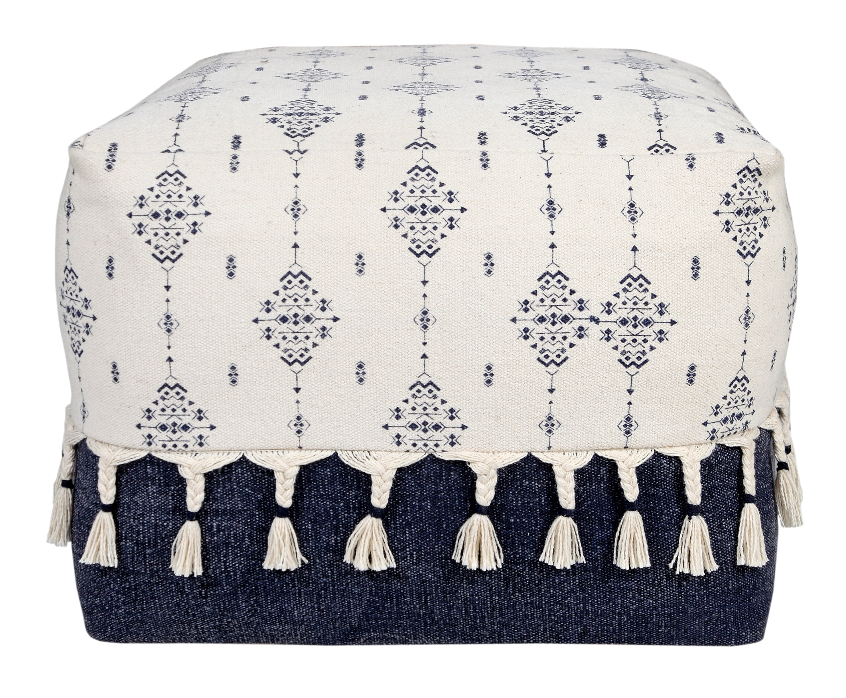 LR Home Small Tassels Tribal Indoor Square Pouf, Navy/Ivory, 18" x 18" x 14"