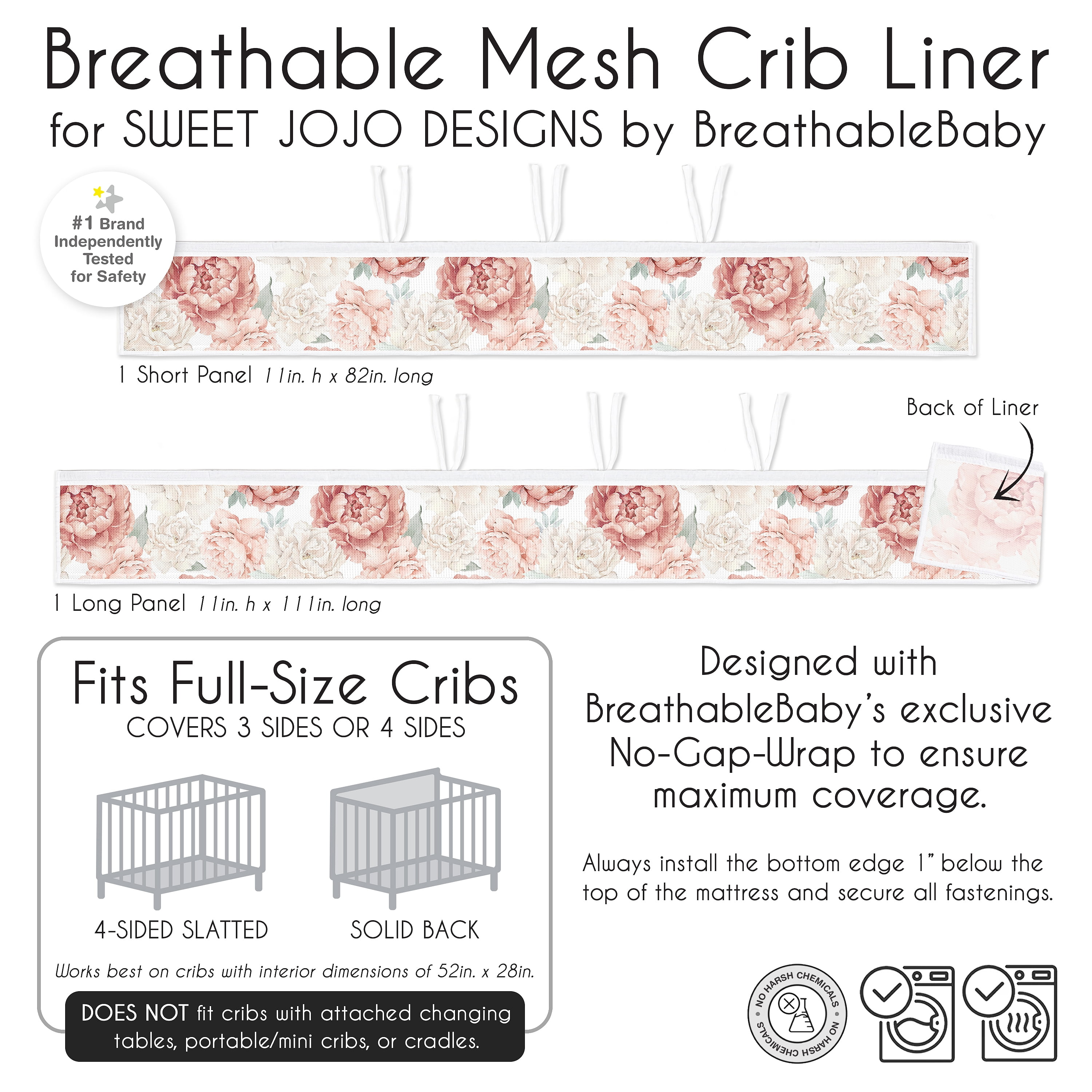 Sweet Jojo Designs + BreathableBaby Peony Floral Garden Pink Ivory Breathable Mesh Crib Liner Pad