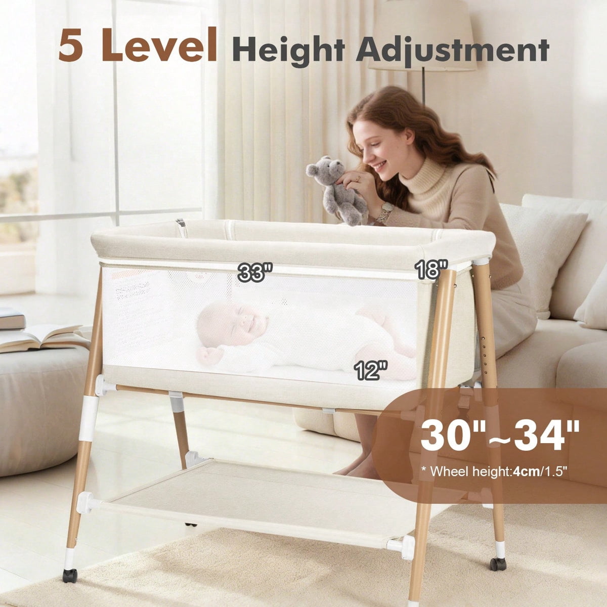 3 in 1 Bassinet for Baby & Newborn,Infant Bedside Sleeper Crib W/4 Wheels,Adjustable 5 Height,Mattress,Mosquito Net,Basket,Carry Bag,White