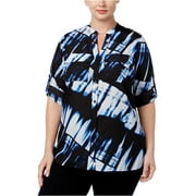 CALVIN KLEIN Womens Blue Pocketed Darted Sheer Unlined Printed Roll-tab Sleeve V Neck Button Up Top Plus 2X