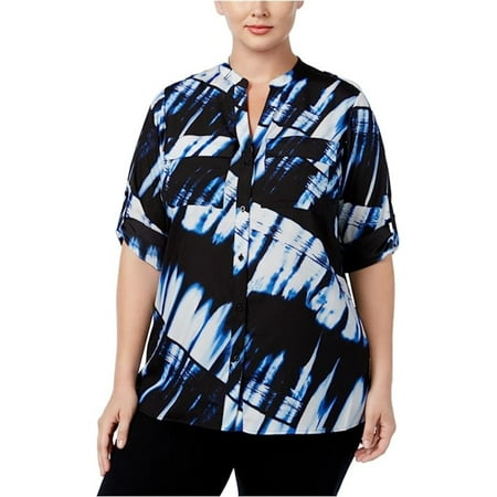 CALVIN KLEIN Womens Blue Pocketed Darted Sheer Unlined Printed Roll-tab Sleeve V Neck Button Up Top Plus 2X