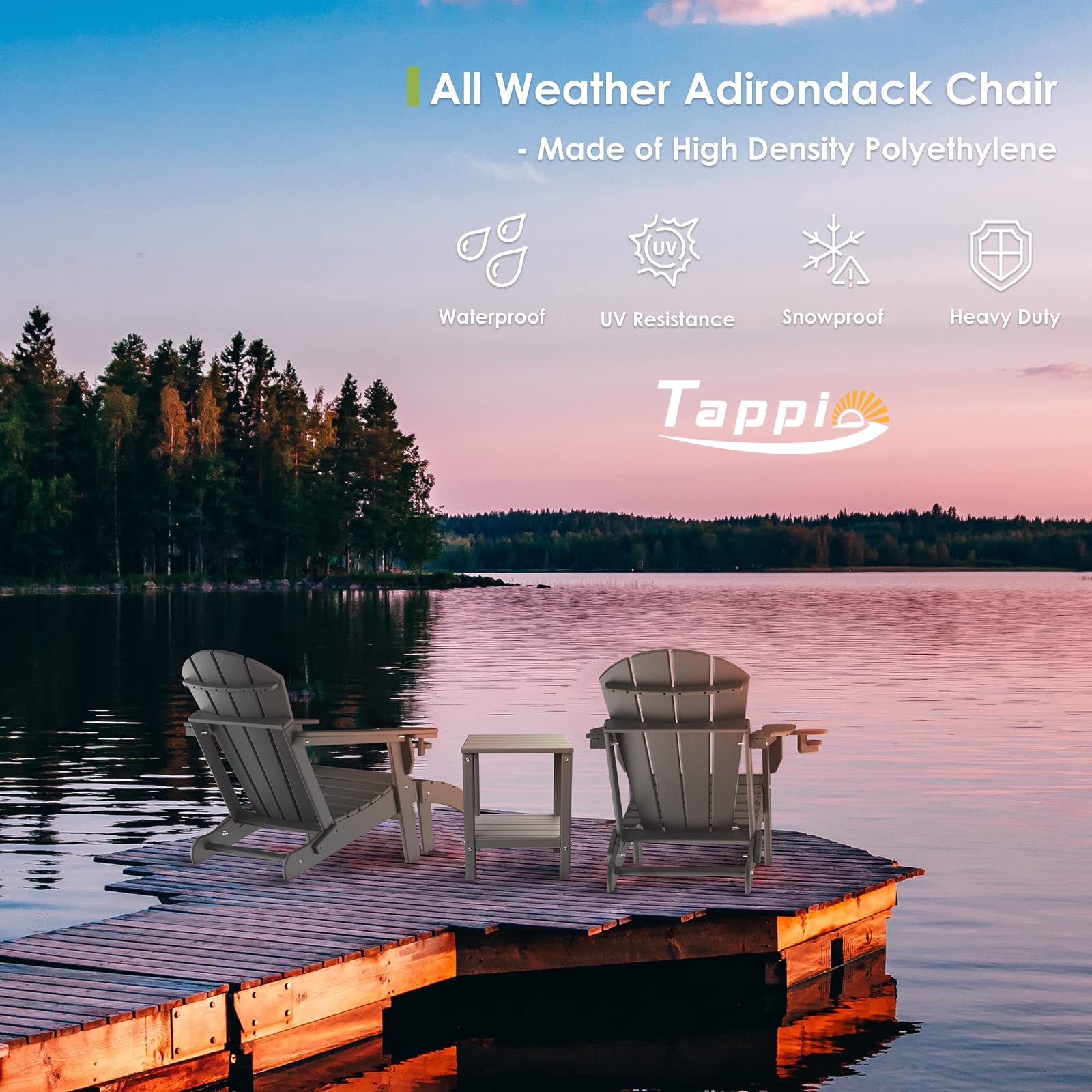 Tappio Foldable HDPE Adirondack Chair, Patio Seat All Weather Outdoor Patio Chair with Cup Holder for Lawn Yard Fire Pit, Wooden Textured, Gray