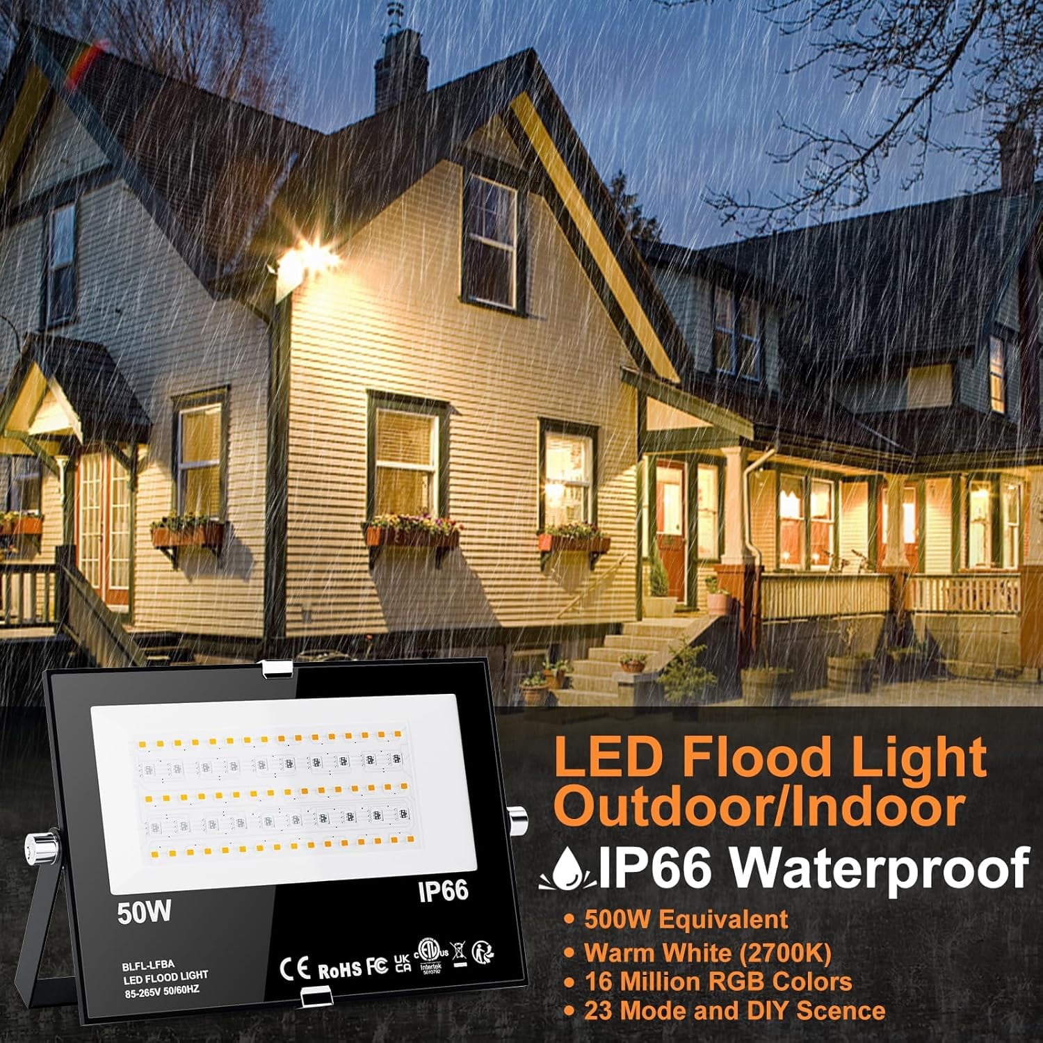 RGB Flood Light Outdoor Indoor LED 50W Equivalent to 500 Watts, 5700K Daylight White Floodlights, Color Changing Stage Landscape Lighting with Remote, Waterproof IP66-2 Pack