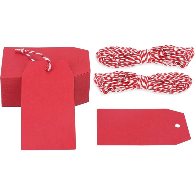 Étiquettes-cadeaux Rouges, 100 Pcs Étiquettes-Cadeaux en Papier Rouges avec Ficelle, Étiquette Suspendue en Papier Vierge 2.8x1.6 Po, Étiquette Rectangulaire pour Nom de Cadeau pour Noël, Emballage-Cadeau, Bricolage Arts et Artisanat, Ventes de Garage