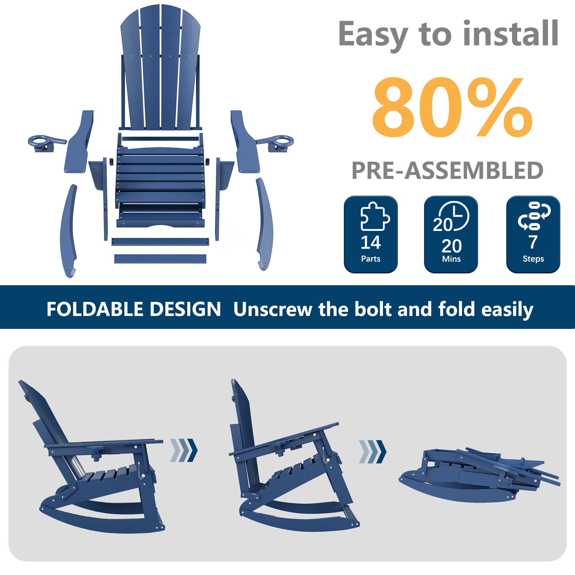 FOOWIN HDPE Plastic Rocking Adirondack Chair Set of 2, Folding Rocking Chairs for Patio Porch Rocker Chair, Blue