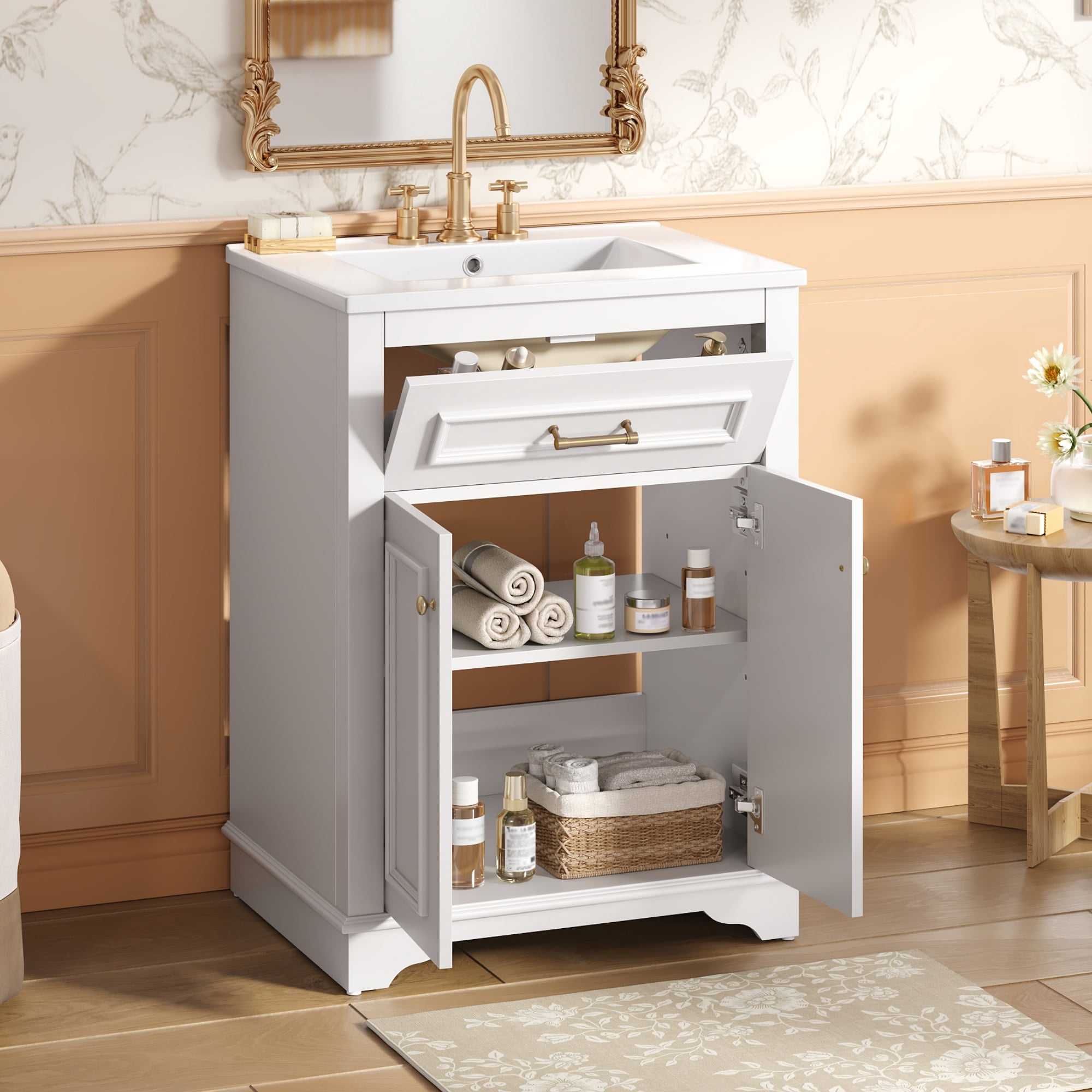 Euroco 24" Bathroom Vanity with Integrated Ceramic Sink, Bathroom Cabinet with 2 Doors, 1 Tip-Out Drawer, Single Sink Bathroom Vanity for Small and Medium Restroom, White