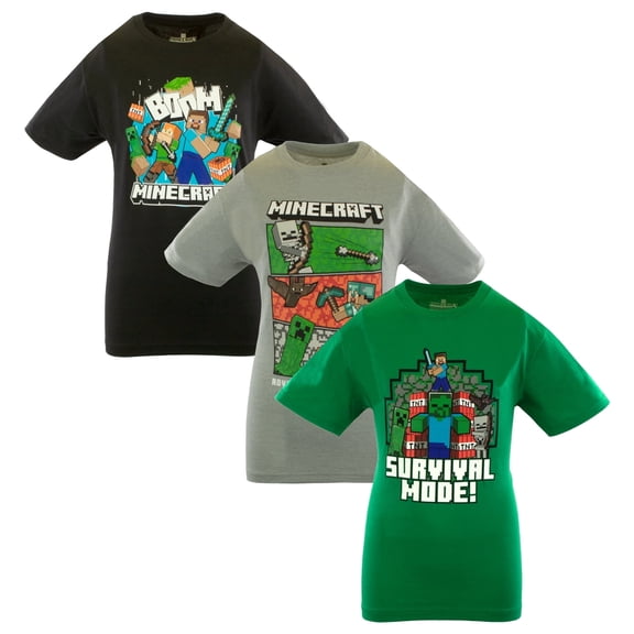 Minecraft Boys Creeper & Characters 3 Colors Short Sleeve T-Shirt Set (Little & Big Boys), Sizes 4–16