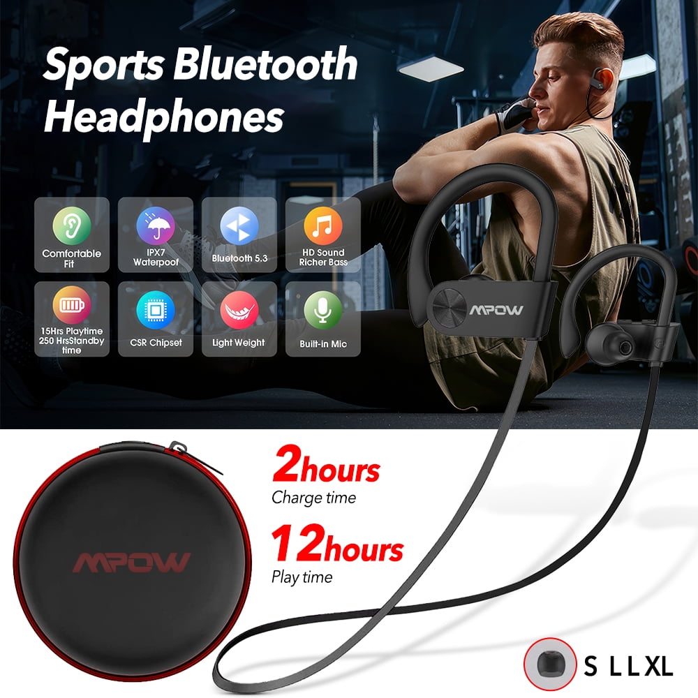 MPOW Flame Wireless Bluetooth 5.3 Earphones, Stereo Sweatproof in-Ear Sports Headphones, Noise Cancelling Headsets for Gym Workout, 12 Hours Playtime Earbuds, Black
