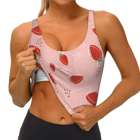 Qokaie Cute Strawberry C Pattern Womens Scoop Neck Sports Bra Breathable Workout Vest Padded U Back Medium Impact Fitness Gym Yoga Bra Workout Crop Top