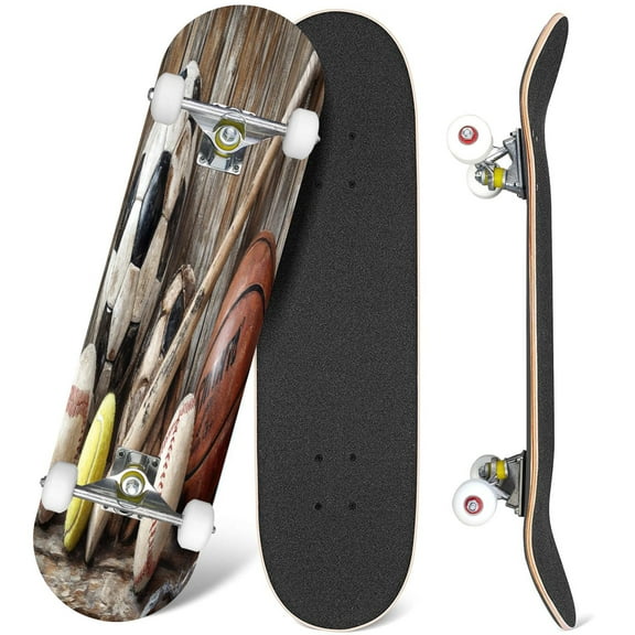 31'' Complete Skateboard 7 Layer Canadian Maple Double Kick Deck Skateboards Rustic Soccer Football Baseball Basketball Vintage Wood Sports Ball Skate Board for Beginner Adult