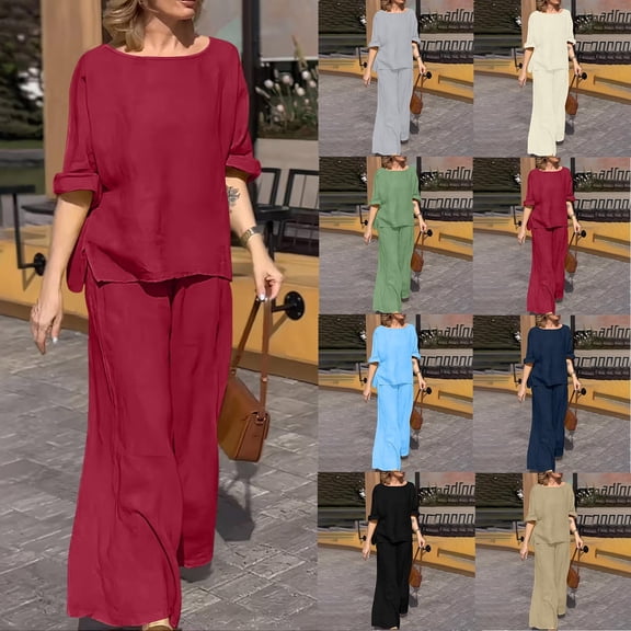 Jsaierl Cotton Linen Sets for Women 2 Piece Outfits Summer Loose 3/4 Sleeve Oversized Top and Wide Leg Pants Sets Loungewear