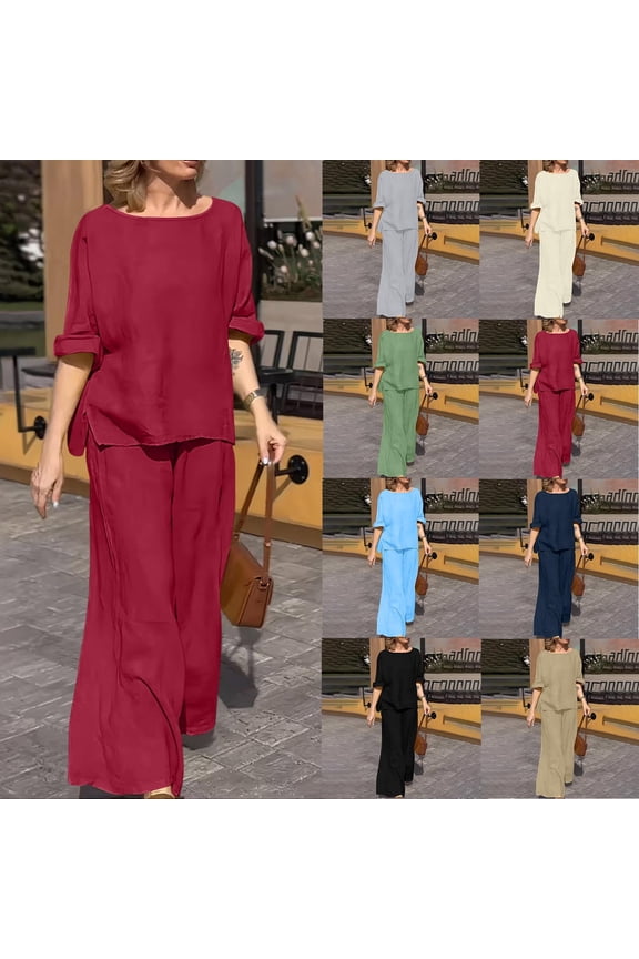 3/4 Sleeve Round Neck Linen Two Piece Outfit for Women Loose Top Wide Leg Palazzo Pant Set Breathable Vacation Casual Loungewear