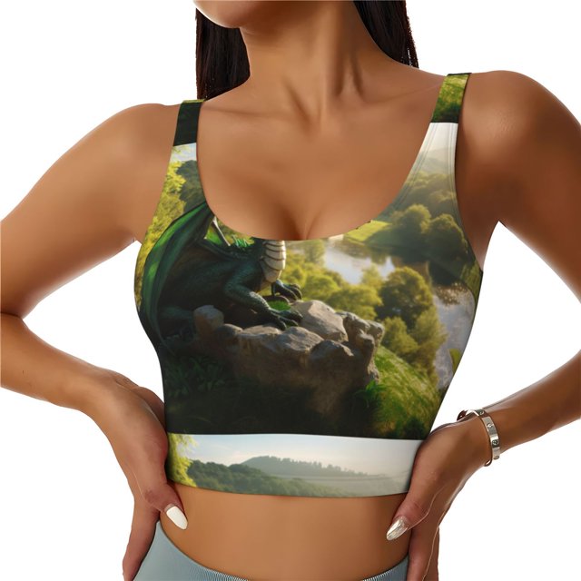 Fotbe Deep Forest Stone Green Dragon Sujetador Deportivo Largo sin Aros para Mujer con Almohadillas y Soporte Medio, Transpirable y Absorbente, Camiseta Tipo Chaleco o Tank Top-X-Large