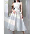 thumbnail image 1 of H Han Queen Vestidos de verano elegante moda Simple con cuentas Vintage vestido blanco mujeres cuello redondo sin mangas Casual fiesta Midi Vestidos, 1 of 5