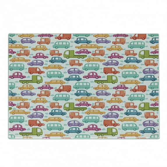 Cars Cutting Board, Doodle Style Cars with Vibrant Colors Various Types of Vehicles Truck Bus Limousine, Decorative Tempered Glass Cutting and Serving Board, Small Size, Multicolor, by Ambesonne