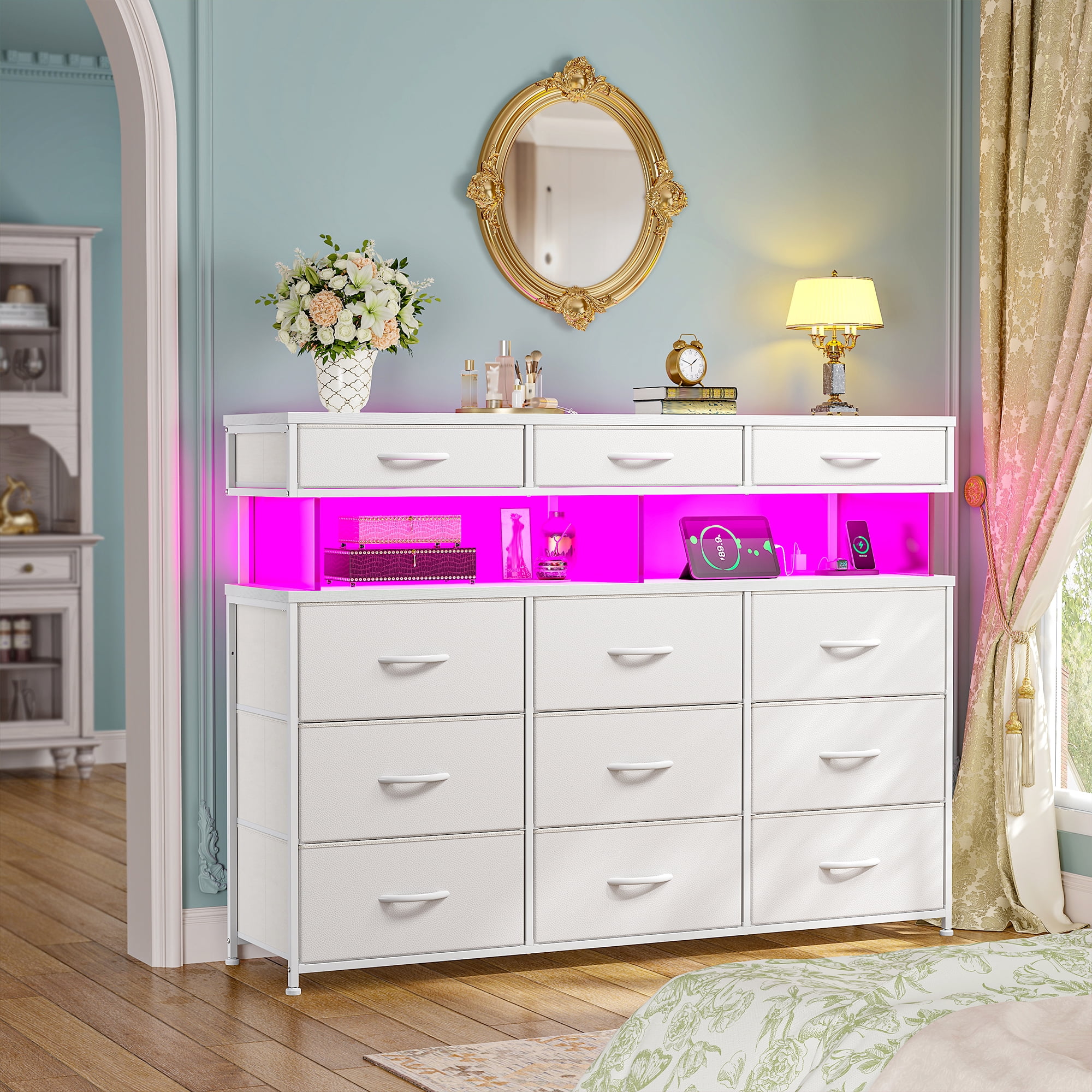 Romorgniz White Dresser for Bedroom with 12 Fabric Drawers Wide Dresser with LED Lights & Charging Station Chest of Drawers with Acrylic Sheet