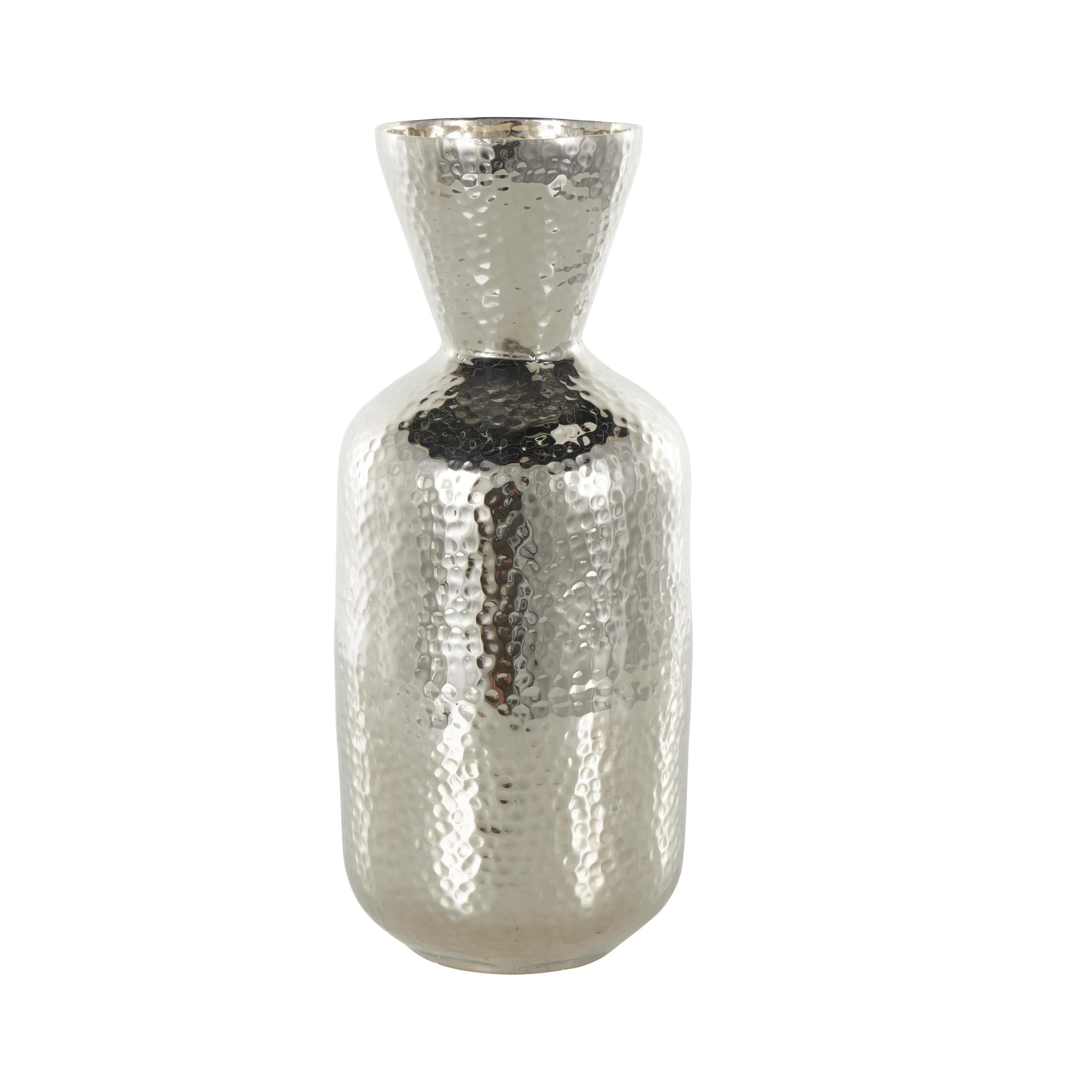 DecMode 14" Hammered Silver Aluminum Metal Vase with Cone Shaped Opening