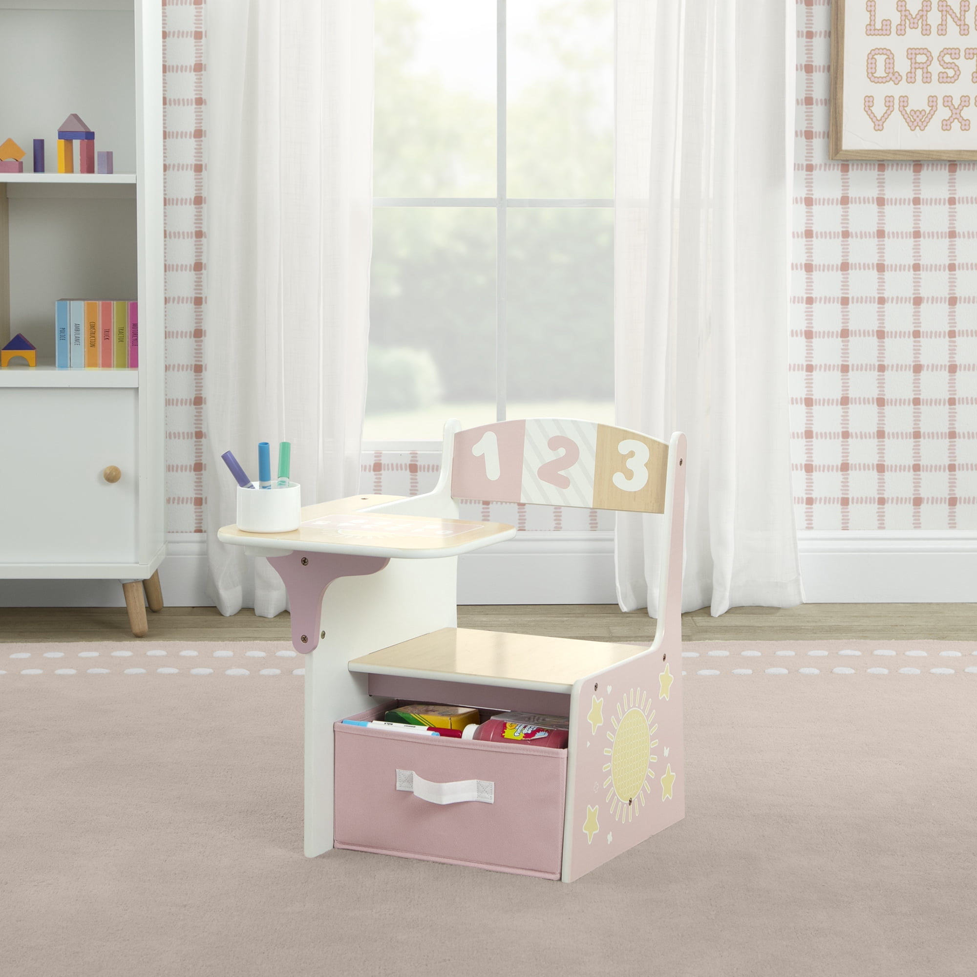 Delta Children 123 Numbers Chair Desk with Storage Bin, Natural & Pink
