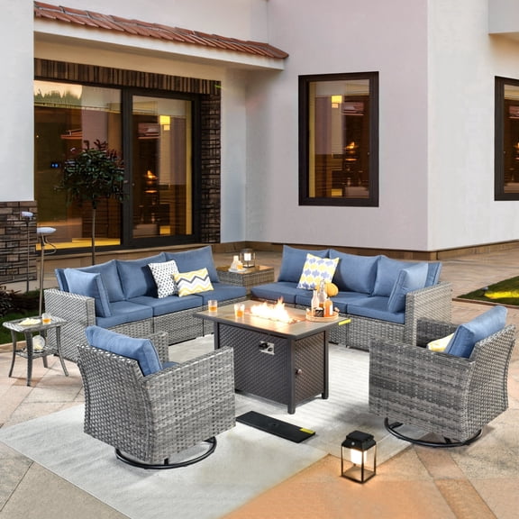 XIZZI 11-Piece Patio Furniture Sets with Fire Pit Table, Patio Outdoor Sectional Set with Swivel Rocking Chair, All-Weather Wicker Outdoor Conversation Sets for Backyard, Garden, Denim Blue