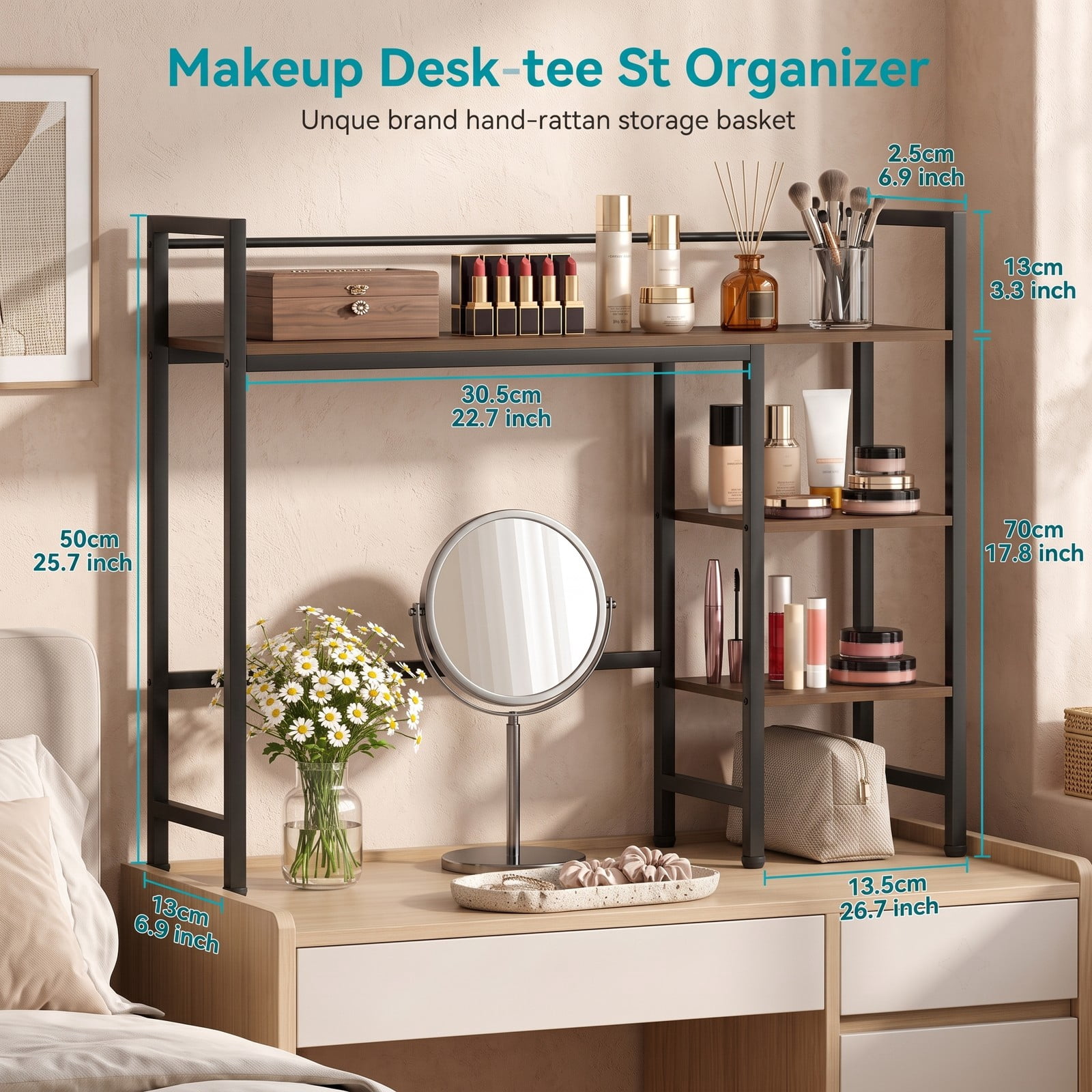 Furnibear Desktop Bookshelf 38.5 Inch Wide Storage Display Rack, Countertop Bookcase Organizer with Metal Frame for Home Office Desk, Living Room and, Rustic Brown