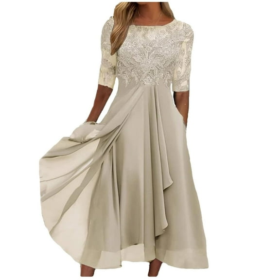 Fsqjgq Elegant Wedding Guest Dresses for Women Embroidery Lace Chiffon Half Sleeve Crewneck Long Evening Party Dress Plus Size Prom Dresses M