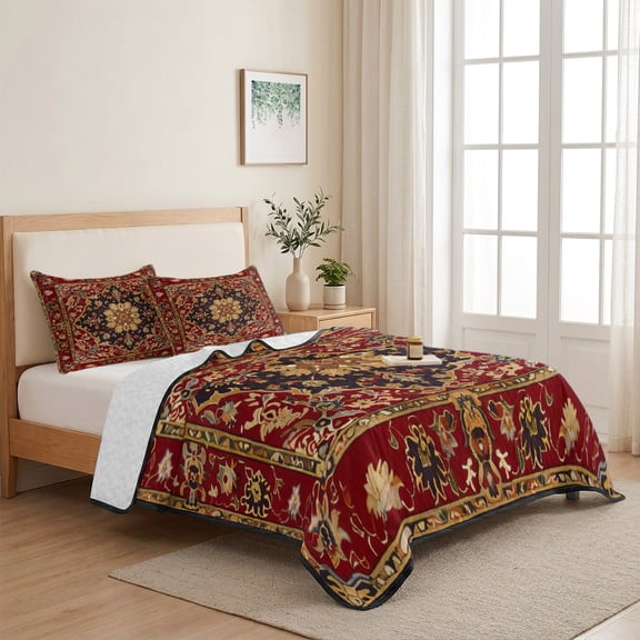 Style Full Size Quilt Set Lightweight Bedspread Coverlet Set, Vintage Decoration Red Floral Pattern Quilted Bedding Cover with 2 Pillow Shams for All Season Layering 78"x90"