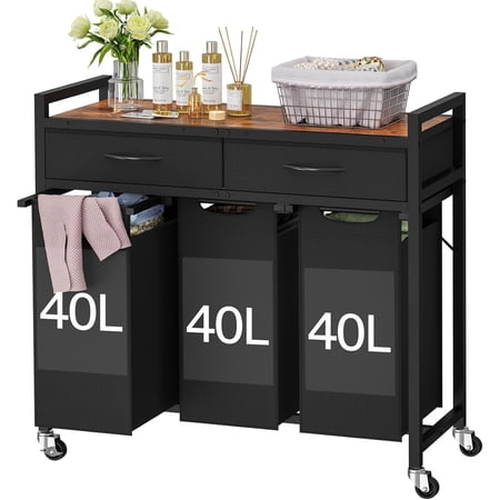 Laundry Sorter 3 Section, 120 L Laundry Hamper with 2 Drawers & 2-tone Top Panel, Rolling Laundry Basket Organizer with Pull-Out Removable Oxford Fabric Bags for Laundry Room Organization